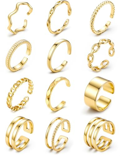 JeweBella 12 Pezzi Set Anelli Donna Acciaio Inossidabile Anello Oro/Argento Placcato Oro 18K Anello Impilabile Aperto Regolabili Anelli Nocche Pollice Donna Moda Gioielli