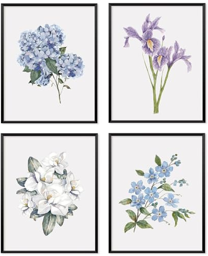 Locomiss Watercolor Floral Wall Art Posters, Rustic Cottagecore Hydrangea Iris Magnolia Campanula Flower Prints Posters for Home Bedroom Living Room Wall Decor, Set of 4 (8x10 Unframed)