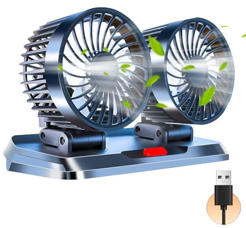 CLIUNT Bilfläkt, 5 V USB dubbelhövdad bilfläkt, 360 graders roterbar dubbelfläkt med 3 hastigheter dubbel fläkt, för 5 volt bilar, lastbilar, SUV