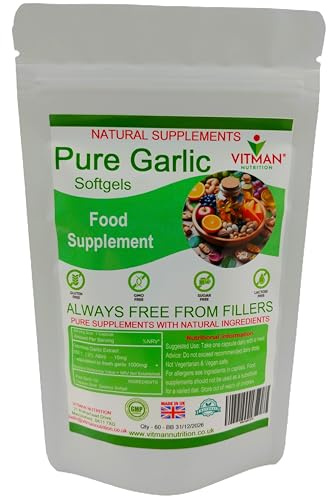 Pure Garlic Softgels, High Strength 1000mg, Odourless, 60 Capsules, Gluten Free