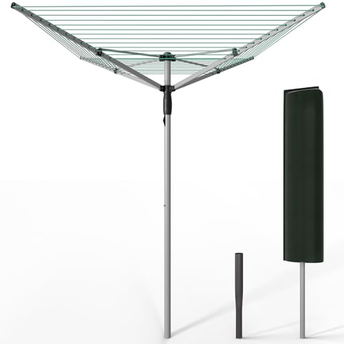 VOUNOT® Stendibiancheria Rotante da Esterno a Ombrello con 4 Bracci, 50M di Filo per Stendere, Stendino Pieghevole con Copertura Protettiva e Picchetto da Terra, Argento Verde