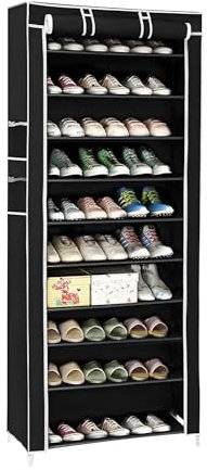 Generisch 10 Schicht Schuhregal mit 9 FäChern und StaubschutzhüLle 58 x 28 x 158 cm Platzsparender Schuhschrank Vliesstoff und Metallrahmen Geeignet für Flur Schlafzimmer Kleiderschrank (Schwarz)