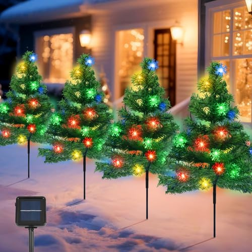 Qoosea Solar Christmas Tree Lights Outdoor [4 Pack] Solar Powered Stake Lights with 80 LED Snowflakes, 8 Lighting Modes, IP65 Waterproof for Garden Yard Pathway Christmas Decorations
