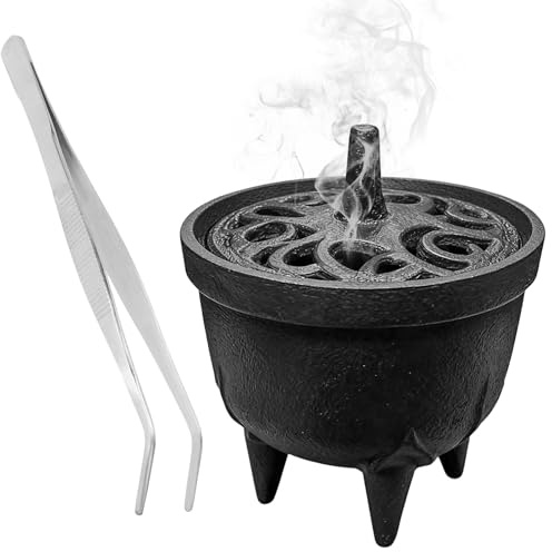 Bruciatore per incenso in ghisa con coperchio, con coperchio a fiore di loto, 8 x 7 cm, porta bastoncini di incenso, bruciatore di incenso, coni di incenso, resine, camera da letto, yoga, soggiorno