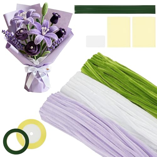 AYESY Limpiador de Pipas Chenilla, 300 Piezas DIY Flores Manualidades y Decoración, con Tallos de Flores, Estambres, Cintas y Listones, 30cm Tulipán Ramo para Madre Día del Padre Regalo