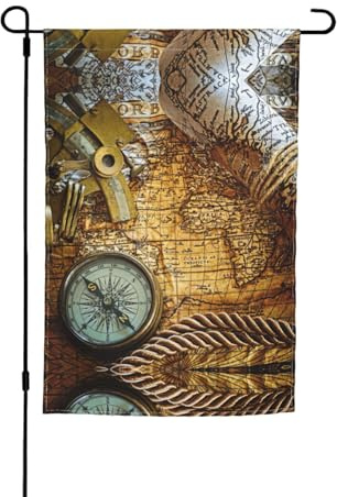 Boussole de jardin et ancienne carte du monde imprimées drapeaux 30,5 x 45,7 cm double face, décoration saisonnière pour la maison, l'extérieur, les vacances, toutes les saisons