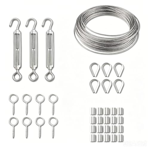 Set de 38 piezas de cable de acero inoxidable, cable de acero de 15 m, tensor M5, ganchos de tornillo, fundas, fundas de compresión, para cable de cortina, cuerda de lavar, soporte de enrejado
