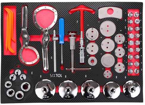 SIXTOL Plateau d'outils mécaniques 10 | Module d'outils 52 pièces | Repousse-piston d'étrier de frein, outil pour filtre à huile et adaptateurs de tuyau | Semelle intérieure EVA pour chariot d'atelier
