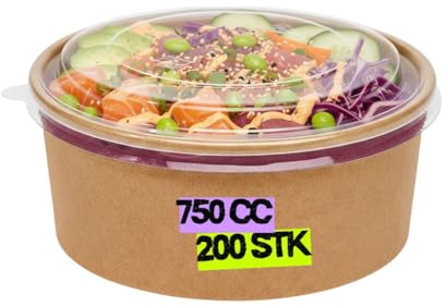 Inoverse 200 stycken kraftsalladsskålar med lock 750 ml – papperssalladsskålar To Go, salladsskålar, engångspappersskålar för sallader soppor, müsli snacks, runda ta bort skålar av hårt papper, brun