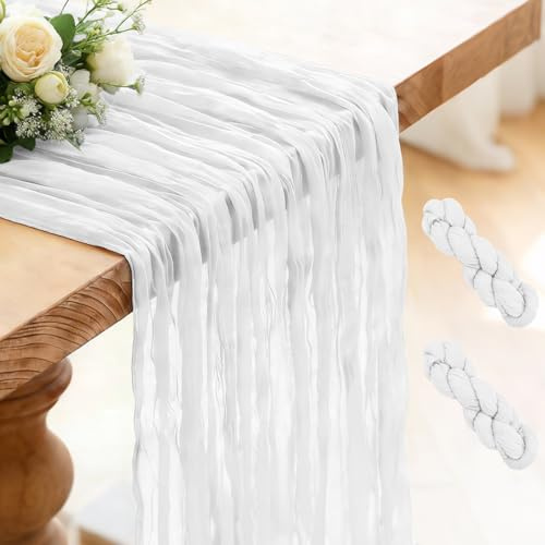 2 Stück Tischläufer Weiß, 300 x 90 cm Käsetuch Tischläufer Boho Gaze Rustikaler Läufer für Hochzeit, Geburtstagsfeiern, Brautdusche, Bankettdekoration Tisch Dekoration