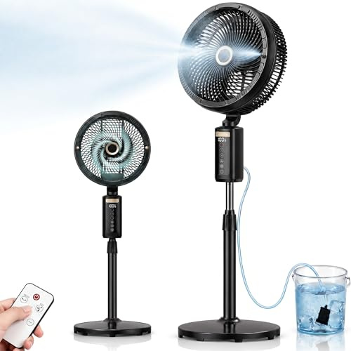 Ausic Ventilador de nebulización al aire libre para patio, ventilador de pedestal inalámbrico recargable de 30,000 mAh, ventilador de refrigeración portátil oscilante de 12 pulgadas, ventilador de pie