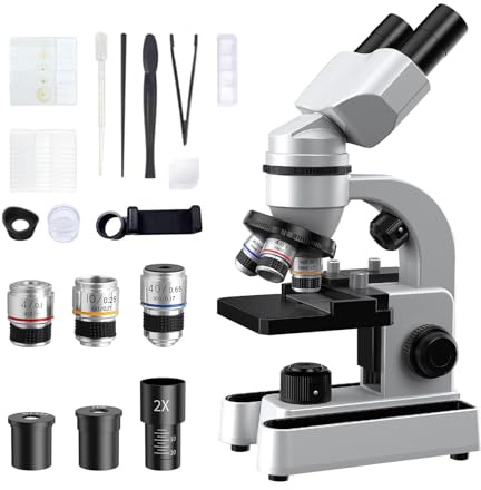Microscopio binocular para adultos y niños, aumento de 40X-1600X con luz de relleno LED dual, microscopio educativo biológico binocular con kit de inicio completo y más de 25 accesorios