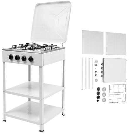 ROGONPDK Cuisinière à gaz rectangulaire avec quatre grilles en fer 57 x 51 x 23 cm, 4 brûleurs, flamme réglable avec couvercle, 4 brûleurs à gaz, plaque de cuisson à gaz autonome (blanc)