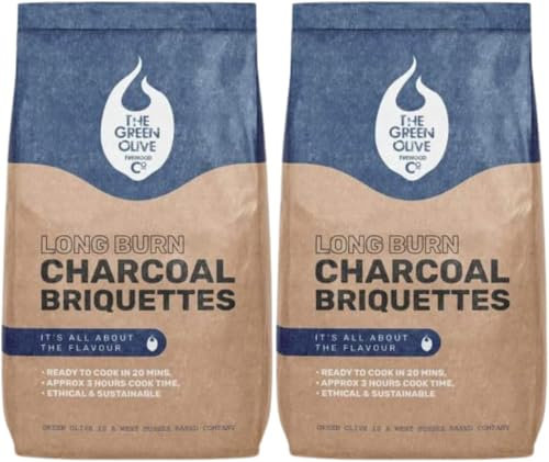 Green Olive Firewood - Long Burn BBQ Charcoal Briquettes - Use for Charcoal Barbecues and Smokers - Natural and sustainable - Quick Lighting and Long Burn Time - 2 bags(8kg)