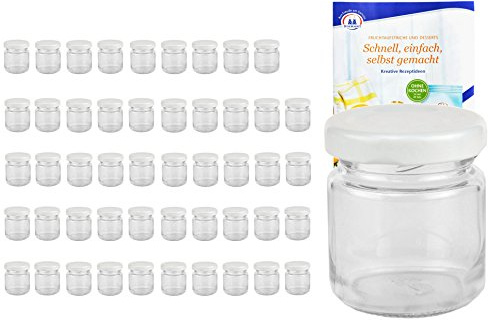 MamboCat 50er Set Rundgläser 53 ml Deckelfarbe weiß to 43 inkl. Diamant Gelierzauber Rezeptheft, Einmachgläser, Einkochgläser, Vorratsgläser, Mini Sturzgläser, Obstgläser, Portionsgläser, Gläser