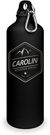 Trinkflasche mit Namen Carolin - graviert mit Adventure Layout, Aluminiumflasche mit Gravur, Sportflasche - matt schwarz