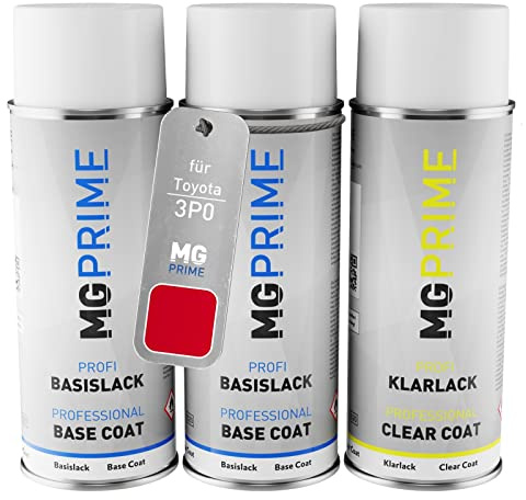 MG PRIME Autolack Spraydosen für Toyota 3P0 Super Red 5 / Vulcanorot +1K | Set aus Grundlack + Basislack + Klarlack, Sprühdosen 400ml