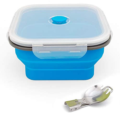 Ewrap 1200 ml große faltbare Schüssel, tragbare Silikon-Campingschüssel, mit faltbarem 2-in-1-Gabellöffel, spart 1/2 Platz, Verwendung in Mikrowelle und Gefrierschrank, Blau