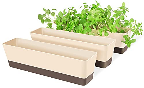 Suream Window Box Herb Planters, 3 Pack 16 x3.8 Inch Indoor Rectangle Succulent Cactus Plant Pots with Saucer, Modern Plastic Flower Container for Windowsill, Garden Balcony, Home Office Outdoor Decor