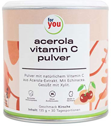 for you acerola vitamin C pulver - 135g Dose 30 Portionen - mit natürlichem Vitamin C aus Acerolafrucht-Extrakt dazu Echinacea aus Purpursonnenhutkrautpulver - 400mg bioaktives Vitamin C pro Portion