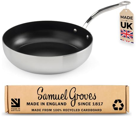 Samuel Groves Stainless Steel Tri Ply Non Stick Chef's Pan Frying Pan Suitable for All Hobs - Made in England (Long Handle 24cm)