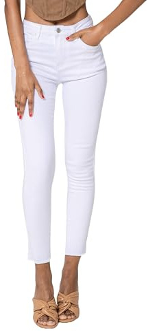 Nina Carter P077 Pantalones vaqueros ajustados para mujer, cintura alta, aspecto desgastado, efecto de lavado, pantalones vaqueros, Blanco P077-9, S