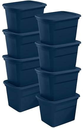 Sterilite 8-Pack Storage Tote, Plastic Container Bins with Lids, 18 Gallon, Marine Blue - Heavy-Duty Organizing Containers for Closet, Bathroom, and Office