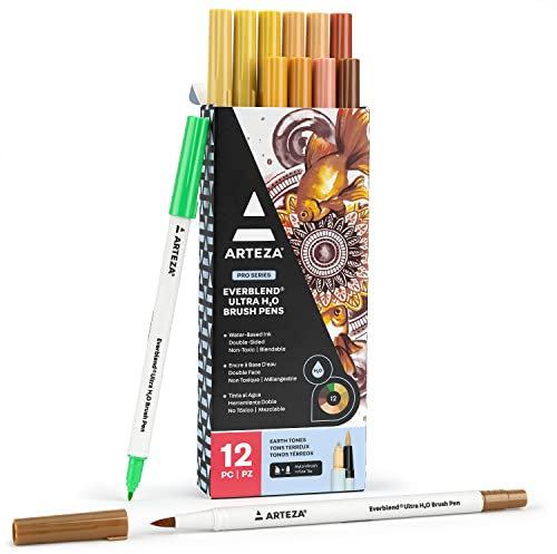 ARTEZA Dual Tip Brush Pens, 12 Earth Tones, Watercolor Calligraphy Markers, Nylon Brush and Fine Tip, Water-Based Ink, for Illustration, Lettering