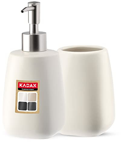 KADAX 2-teiliges Badezimmer Set aus Keramik, Badaccessoires, Badzubehör, Seifenspender, Badezimmerbecher, Seifenschale und WC-Bürste (Becher&Spender Weiß)