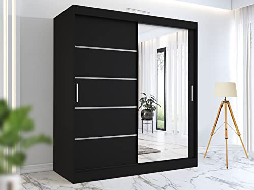 RAC3 Wardrobes for Bedroom with Mirrored Sliding Door & LED Light Premium Wardrobe Storage with Sleek Design comes in Colours Black/White/Grey/Oak- Different Sizes from 120cm - 250cm (Black, 150cm)