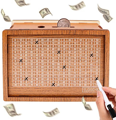 Spardose Holz - Sparbüchse, Holz Geldbank für Kinder | 20 x14.5 x6.5 cm | Wiederverwendbare Geldbox mit Sparziel 5000 und Zahlen zu kreuzen Braun