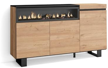 Skraut Home | Aparadores para salón | Gran Capacidad de almacenaje | 150x87x35cm | 3 Puertas | Chimenea eléctrica | Diseño Industrial | Estilo Moderno | Roble y Negro