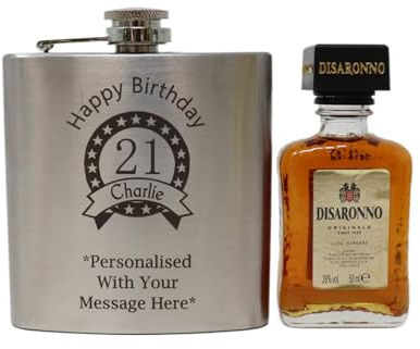 Personalised Engraved Silver Hip Flask & Miniature Bottle of Disaronno Gift Set For 18th or 21st Birthday for Son/Boys/Men. 40th Gift For Dad - Birthday Design (Amaretto)