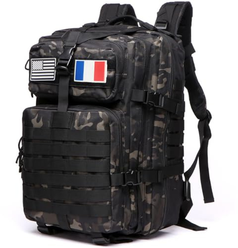 GUJOIN Sac À Dos Tactique 50 Litres - Grande Capacité Système MOLLE Militaire Imperméable Idéal Pour Urgences De 3 Jours Chasse Randonnée Et Camping Sac À Dos Pour De Plein Air (Noir camouflage)