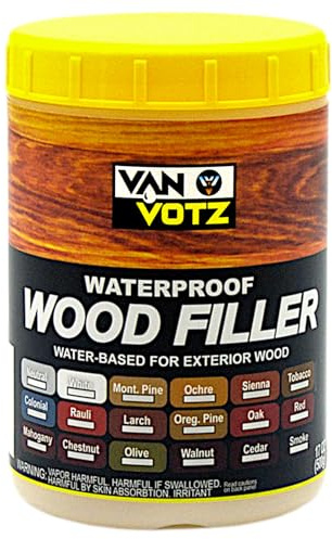 VAN VOTZ Waterproof Wood Filler [Half-Pint, Tobacco] - Exterior Grade Wood Repair in 18 Paintable and Stainable Colors. Strong Adhesion and Durability for Outdoor Wood in All Weather Conditions.