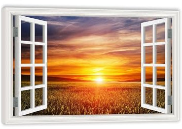 RXNHGJDS Fensterblick Bilder auf Leinwand,Grasland unter rotem Himmel und Sonnenuntergang,Leinwandbild Sonnenuntergang Wandbilder Fensterblick Offenes Fenster Ansicht Bild45x30cm(18x12in) Innenrahmen