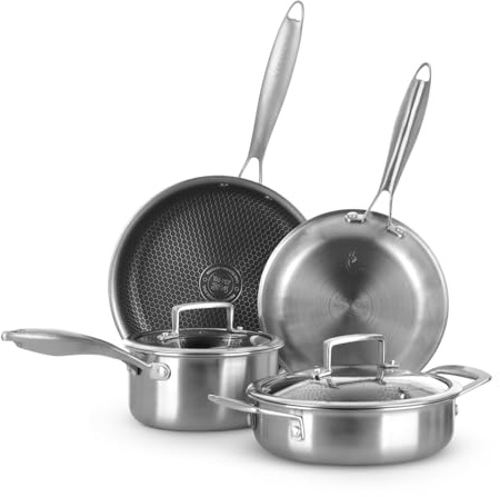 Batería de ollas Tri-ply, Set de ollas y sartenes de acero inoxidable de triple capa, Ollas antiadherentes para inducción y todos los tipos de cocina, aptas para horno hasta 220 °C. (6 piezas)