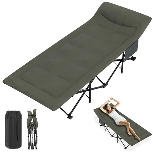 YRHome Feldbett Klappbar bis 200 KG Campingbett mit Tragetasche & Seitentasche Campingliege 185 x 75 x 40 cm Ergonomisches Klappbett Grün Gästebett mit Integriertes Matratze und Kissen für Outdoor