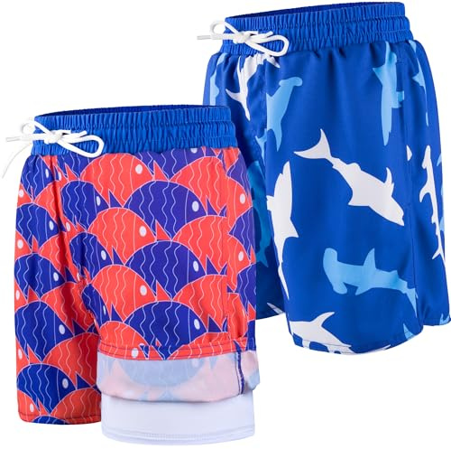 BIG ELEPHANT 2-pack badshorts för barn med kompressionsfoder, UPF 50+ skydd baddräkt, snabbtorkande simshorts, Blå haj/blå röd fisk, 7-8 �r