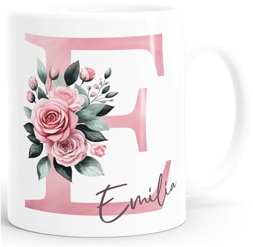 SpecialMe® Kaffee-Tasse Initiale Monogramm personalisiert mit Namen Blumen Blüten Rosen persönliche Geschenke Weiss standard
