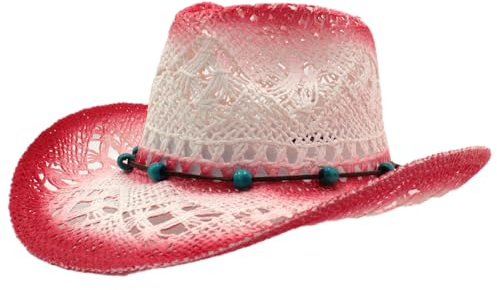 Sombrero de Cowboy de Paja Vaquero Panamá con Banda Occidental Unisex Talla Única Hombre Mujer para Verano Coachella Playa al Estilo Country Brasileño Bohemia Indiana Rafia Natural (XH13003 Rojo)