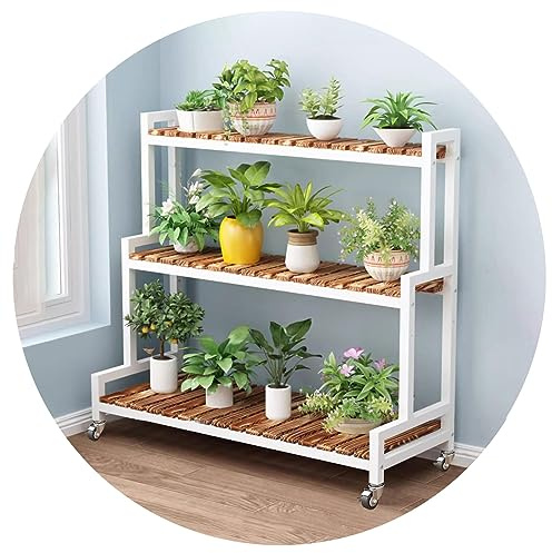 Soporte moderno para plantas de interior y exterior, macetero de 3 niveles con escalera y estante de almacenamiento, zapatero, soporte móvil para plantas que ahorra espacio con ruedas giratorias.