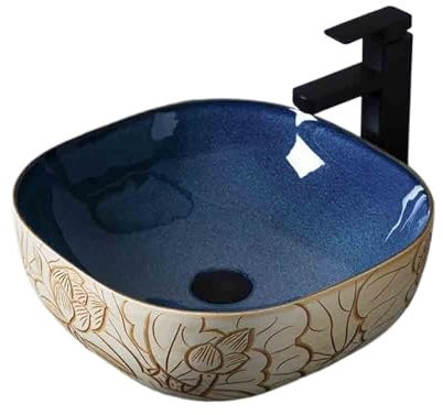 YHxFlux Lavandino Bagno Lavabo da appoggio Quadrato Rotondo Singolo in Ceramica for Bagno, Interno ed Esterno, con Accessori Lavabo da Appoggio