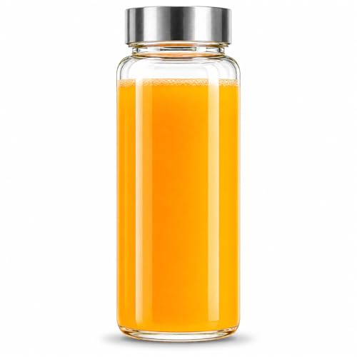 ME JO Glass Juice Bottle 600ml | Borosilicate Glass with Stainless Steel Leak-Proof Lid | BPA-Free Reusable Bottle for Juice, Smoothies, Cold Brew & Water