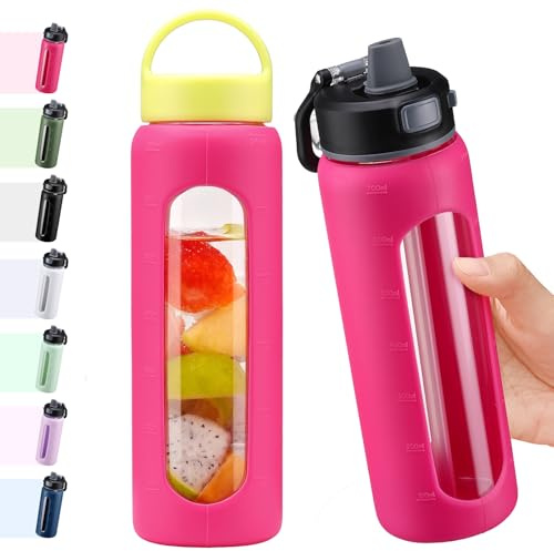 BLUEGO 700ml Bouteille d'eau verre avec 2 couvercles-Couvercle à verrouillage par simple pression et poignée Gourde réutilisable avec marquage du temps Pour voyages Maison Sport Sans BPA, Rose Rouge