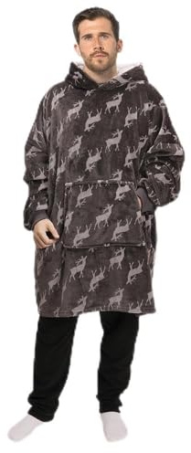 A2Z Mens Oversized Snuggle Hoodie Blanket Charcoal Grey Stag Print Ultra Soft Sherpa Lined Hooded Sweatshirt with Kangaroo Pocket & Ribbed Cuffs Cosy Winter Wear Jumper One Size Fits Most