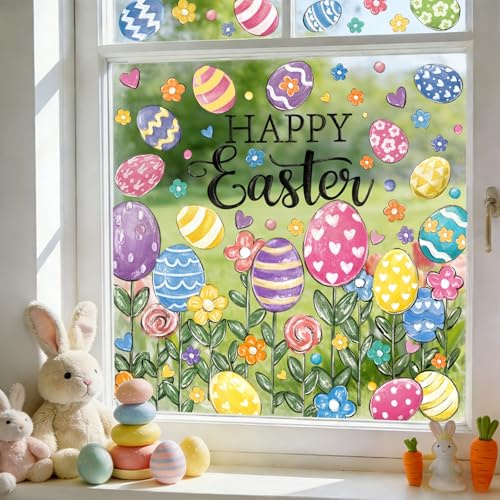 JOLCEEY 6 Blatt Oster Fensteraufkleber mit Ostereier für Kinderzimmer Deko | Wiederverwendbare Ostern Fensterbilder Selbstklebend Osterdeko Fenster Kinderzimmer Ostereier Fensteraufkleber für Party Haus