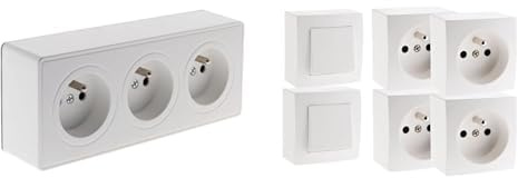 Zenitech - Prise Triple 16A en Saillie Gamme Vulco + Lot de 2 Interrupteurs Va-et-Vient avec 4 Prises 16A en Saillie Gamme Presto - Installation Murale Rapide - Blanc