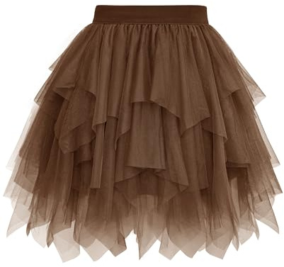 Wikoan Faldas para Mujer Falda Corta de Mujer Falda Asimétrica de Tul Falda de Tul Multicapa con Forro Suave,Marrón Oscuro,L-XL