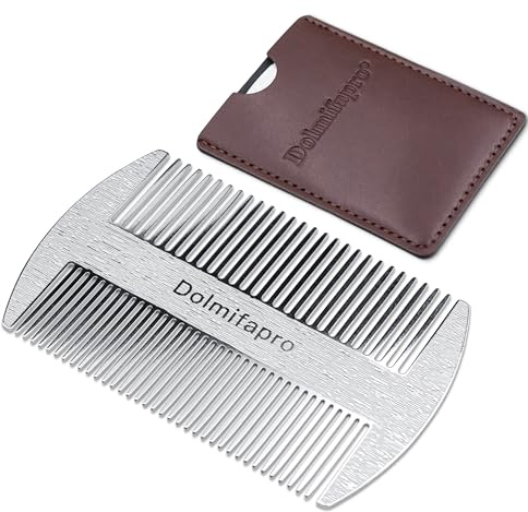 Dolmifapro 304 Stainless Steel Pocket Beard Comb for Men, Anti-Static Dual Fine Coarse Teeth Ultra-Thin Mustache Hair Grooming Comb with PU Leather Case (silvery)